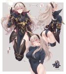  1girl armor ass bangs blush breasts cape corrin_(fire_emblem) corrin_(fire_emblem)_(female) fire_emblem fire_emblem_fates gloves hair_between_eyes hairband highres large_breasts leotard long_hair long_sleeves looking_at_viewer magic multiple_views pointy_ears red_eyes smile soba_rkgk solo thigh-highs white_hair 