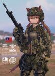  1girl animal_ears assault_rifle bangs blurry blurry_background brown_hair bulletproof_vest camouflage camouflage_jacket camouflage_pants chestnut_mouth chin_strap chinese_commentary chinese_text commentary_request cowboy_shot ears_through_headwear fang_zhenjun gloves green_gloves gun hair_between_eyes headphones helmet holding holding_gun holding_weapon holster jacket long_hair looking_at_viewer military military_helmet original pants photo_background red_eyes republic_of_china_flag rifle scope soldier solo standing tactical_clothes taiwan thigh_holster thigh_pouch translation_request twintails very_long_hair weapon weapon_request 