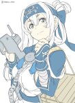  1girl adapted_turret ainu_clothes blue_eyes cannon chain crate cropped_jacket folded_ponytail headband kamoi_(kancolle) kantai_collection machinery ninimo_nimo one-hour_drawing_challenge sidelocks simple_background solo turret upper_body white_background white_hair wrist_guards 