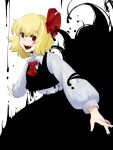  1girl :d ascot blonde_hair darkness fangs hair_ribbon highres long_sleeves looking_at_viewer open_mouth outstretched_arms red_eyes ribbon rumia sharp_teeth shirt short_hair skirt smile solo teeth touhou vest yomogi_0001 