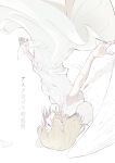  1girl angel_wings asu_no_yozora_shoukaihan_(vocaloid) bangs blonde_hair bow closed_eyes commentary dress falling_feathers feathered_wings feathers m.b medium_hair parted_lips profile short_sleeves simple_background solo song_name upside-down white_background white_bow white_dress white_wings wind wind_lift wings 