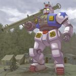  alternate_universe clenched_hand glowing glowing_eyes ground_vehicle gun gundam holding holding_gun holding_weapon jeep mecha military military_vehicle mobile_suit_gundam motor_vehicle redesign rx-78-2 science_fiction standing tank tent v-fin weapon yamachan_(niconico2951569) yellow_eyes 