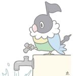  animal_focus bird black_eyes broken chatot commentary faucet full_body holding leg_up no_humans pokemon pokemon_(creature) rorosuke simple_background sketch solo standing standing_on_one_leg translation_request water white_background 