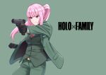  1girl absurdres cosplay derivative_work eyebrows_visible_through_hair formal gloves green_jacket green_pants green_suit gun highres holding holding_gun holding_weapon hololive hololive_english jacket jpc mori_calliope pants pink_hair red_eyes red_tie simple_background spy_x_family suit twilight_(spy_x_family) twilight_(spy_x_family)_(cosplay) virtual_youtuber weapon 