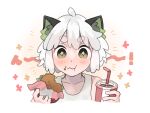  +_+ 1boy animal_ears bendy_straw blush burger cat_boy cat_ears drink drinking_straw eating eyebrows_visible_through_hair food green_eyes highres holding holding_drink looking_at_viewer luoxiaohei mochi_no portrait short_hair solo tank_top the_legend_of_luo_xiaohei white_hair white_tank_top 