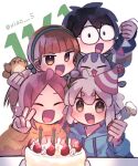  2boys 2girls a&#039;gen_(the_legend_of_luoxiaohei) bangs bidiu_(the_legend_of_luoxiaohei) birthday_cake black_hair blue_hoodie blunt_bangs blush cake candle closed_eyes eyebrows_visible_through_hair fang food fork fruit glasses hairband hat hood hoodie huangshou_(the_legend_of_luoxiaohei) looking_at_viewer luoxiaobai luoxiaohei mochi_no multiple_boys multiple_girls open_mouth orange_hair party_hat pink_hair shanxin_(the_legend_of_luoxiaohei) skin_fang smile strawberry sweater the_legend_of_luo_xiaohei twintails white_hair yellow_sweater 