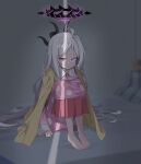  1girl 26th bangs barefoot bed bed_sheet blue_archive blurry coat coat_on_shoulders commentary_request demon_girl demon_horns depth_of_field eyebrows_visible_through_hair eyes_visible_through_hair forehead gloom_(expression) halo highres hina_(blue_archive) horns hugging_own_legs light long_hair long_sleeves looking_at_viewer official_alternate_costume pajamas parted_bangs pillow pink_pajamas polka_dot polka_dot_pajamas red_skirt sidelocks simple_background sitting skirt solo violet_eyes white_hair 
