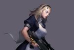  1girl alice_(counter-strike_online) alice_(limited_edition)_(counter-strike_online) apron artist_request assault_rifle back_bow blonde_hair blue_dress blue_eyes blue_hairband blue_ribbon bow breasts buttons closed_mouth collared_shirt counter-strike counter-strike_online doll dress grey_background gun hair_ornament hairband hairclip highres holding holding_weapon lips maid medium_breasts medium_hair neck_ribbon official_alternate_costume official_art puffy_short_sleeves puffy_sleeves ribbon rifle shirt short_sleeves sig_550 simple_background solo stuffed_toy upper_body waist_apron waist_bow weapon white_apron white_bow white_shirt wristband 