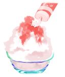  animal cat chai_(drawingchisanne) commentary_request condensed_milk dessert food food_focus glass glass_bowl no_humans on_food original shaved_ice signature squeeze_bottle syrup translation_request undersized_animal white_background 