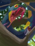  absurdres bird blurry branch commentary_request day fangs from_below highres in_tree no_humans open_mouth outdoors pokemon pokemon_(creature) red_eyes scales seviper snake taillow tongue tree yunimaru 