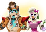  1girl 2boys artist_logo artist_name bandaid bandaid_on_face blue_eyes bow bowtie brown_hair chica ear_piercing earrings facial_tattoo fangs fingerless_gloves five_nights_at_freddy&#039;s five_nights_at_freddy&#039;s:_security_breach freddy_fazbear gamyservice glamrock_chica glamrock_freddy gloves gregory_(fnaf) highres jewelry lifting lifting_person looking_at_another messy_hair multiple_boys open_mouth piercing ribbon robot shirt shoes shoulder_pads sleeping t-shirt tattoo teeth twitter_username upper_body violet_eyes wristband 