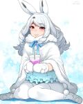  1girl :3 animal_ears arctic_hare_(kemono_friends) bangs black_hair blush breasts cloak closed_mouth cup dated disposable_cup drinking_straw fur-trimmed_cloak fur_trim happa_(cloverppd) holding holding_cup kemono_friends long_hair looking_at_viewer multicolored_hair pantyhose rabbit_ears rabbit_girl red_eyes signature simple_background sitting solo white_cloak white_hair white_legwear 