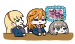  3girls @_@ bangs blonde_hair blue_eyes blue_jacket blunt_bangs brown_hair chibi collared_shirt commentary eyebrows_visible_through_hair flipped_hair grimace hair_between_eyes head_on_table head_rest heanna_sumire jacket light_brown_hair long_hair love_live! love_live!_superstar!! multiple_girls on_chair oofushi_ao open_clothes open_jacket open_mouth orange_hair profile rectangular_mouth school_uniform shibuya_kanon shirt sign signature simple_background sitting sitting_sideways string_tie table tang_keke violet_eyes white_background winter_uniform yuigaoka_school_uniform 