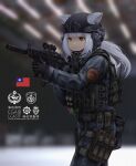  1girl animal_ears bangs black_gloves black_headwear bulletproof_vest chin_strap chinese_commentary chinese_text commentary_request cowboy_shot ears_through_headwear fang_zhenjun gloves grey_jacket grey_pants gun headphones helmet holding holding_gun holding_weapon jacket long_hair military military_helmet orange_eyes original pants republic_of_china_flag sidelocks solo submachine_gun tactical_clothes taiwan translation_request walkie-talkie walking weapon weapon_request white_hair 