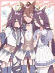  3girls ^_^ agnes_tachyon_(umamusume) ahoge animal_ears bangs blue_legwear blush_stickers brown_hair choker closed_eyes collared_shirt common_race_outfit_(umamusume) cropped_jacket earrings facing_viewer garter_straps hair_between_eyes hand_on_another&#039;s_hip hand_up highres horse_ears horse_girl horse_tail jacket jewelry long_sleeves looking_at_another looking_at_viewer looking_down manhattan_cafe_(umamusume) multicolored_hair multiple_girls navel nochatea puffy_short_sleeves puffy_sleeves red_shorts school_uniform shirt short_sleeves shorts single_earring skirt skirt_hold standing streaked_hair sweatdrop tail thigh-highs thought_bubble tracen_school_uniform translation_request umamusume vest white_jacket white_legwear white_shirt white_skirt wristband yellow_eyes 