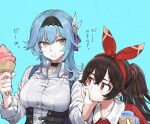  2girls alternate_costume alternate_hairstyle amber_(genshin_impact) annoyed aqua_background backpack bag black_choker black_hairband blue_bag blue_hair breasts brown_hair choker closed_mouth collared_shirt commentary eula_(genshin_impact) food genshin_impact hair_between_eyes hair_ornament hair_ribbon hairband hand_on_another&#039;s_cheek hand_on_another&#039;s_face highres holding holding_food ice_cream ice_cream_cone jun_(seojh1029) long_hair long_sleeves looking_at_another looking_to_the_side medium_breasts multiple_girls open_collar parted_lips partially_unbuttoned ponytail pushing_away pushing_face red_eyes red_ribbon red_sweater ribbon shirt simple_background sweater translation_request upper_body white_shirt wing_collar yellow_eyes 