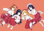  4girls bangs beret black_hair blonde_hair blonde_shrine_maiden_from_a_future_era_(touhou) bloomers blunt_bangs bobby_socks bow colored_shoe_soles commentary_request detached_sleeves frilled_skirt frills full_body girl_who_trained_on_mt._haku_(touhou) hair_bow hakama hakama_skirt hat highres hourai_girl_(touhou) japanese_clothes kariginu kimono long_hair long_sleeves lying mary_janes miko moonlight&#039;s_anti-soul_(touhou) multiple_girls neck_ribbon no_shoes nostalgiclock on_back on_side orange_hair pocket portrait_of_exotic_girls red_bow red_eyes red_footwear red_hakama red_headwear red_ribbon red_skirt ribbon sash shirt shoe_soles shoes short_hair simple_background skirt socks touhou underwear very_long_hair violet_eyes wavy_hair white_bloomers white_headwear white_kimono white_legwear white_ribbon white_sash white_shirt white_sleeves wide_sleeves yellow_eyes 