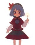  1girl blush_stickers eyebrows_visible_through_hair fire flame hair_ornament holding_matchstick long_sleeves looking_at_viewer mirror puffy_sleeves red_eyes rope shimenawa shirt short_hair simple_background skirt smile solo tatuhiro touhou white_background yasaka_kanako younger 