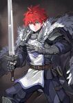  1boy armor belt cape cowboy_shot green_eyes hair_between_eyes highres holding holding_sword holding_weapon jun_(seojh1029) looking_at_viewer original pauldrons redhead shadow short_hair shoulder_armor solo sword weapon 