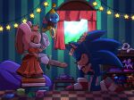  1girl 2boys artist_name blue_fur book bow bowtie chao_(sonic) closed_eyes cream_the_rabbit crown curtains day dress flying gloves head_wreath highres jewelry kneeling light long_dress multiple_boys open_mouth pointy_nose ring room shelf short_sleeves signature smile sonic_(series) sonic_the_hedgehog spiky_hair star_(symbol) sticker stuffed_toy sword teapot tongue toy vanessasonica weapon wooden_sword 