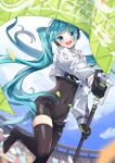  1girl absurdres asymmetrical_clothes black_bodysuit black_footwear bodysuit boots flag hatsune_miku highres holding holding_flag long_hair looking_at_viewer nagitofuu racing_miku racing_miku_(2022) single_pantsleg solo standing standing_on_one_leg thigh_boots twintails very_long_hair vocaloid 