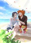  2boys alternate_costume augustine_sycamore beach beard black_footwear black_shorts blurry clouds collared_shirt comfey commentary_request crossed_legs day facial_hair falling_petals feeding highres im_i_masa knees lens_flare lysandre_(pokemon) male_focus multiple_boys orange_hair outdoors petals pokemon pokemon_(creature) pokemon_(game) pokemon_xy red_shorts sand sandals shirt shore shorts sitting sky sleeveless sleeveless_shirt smile water 