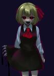  1girl ascot black_skirt blonde_hair dark dark_background darkness eyebrows_behind_hair hair_ribbon highres horror_(theme) long_sleeves looking_at_viewer open_mouth outer_glow purple_background red_eyes ribbon rumia sharp_teeth shirt short_hair simple_background skirt skirt_set solo teeth touhou vest yomogi_0001 