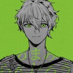  1boy amami_rantarou bangs closed_mouth collarbone danganronpa_(series) danganronpa_v3:_killing_harmony ear_piercing earrings eyebrows_visible_through_hair geqian_guiyu green_eyes green_theme hair_between_eyes highres jewelry messy_hair necklace piercing portrait simple_background smile solo spot_color striped striped_sweater sweater translation_request 