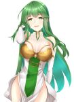  1girl bangs breasts chuu_(rinet) elbow_gloves eyebrows_visible_through_hair fire_emblem fire_emblem:_mystery_of_the_emblem fire_emblem_heroes gloves green_eyes green_hair hand_in_own_hair headband highres long_hair looking_at_viewer open_mouth palla_(fire_emblem) solo white_background white_gloves white_headband 