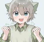  1boy blue_eyes blush cat_boy green_shirt green_vest grey_hair hair_between_eyes hands_up heart highres huangshou_(the_legend_of_luoxiaohei) mochi_no open_mouth personification plaid plaid_shirt shadow shirt short_hair smile solo the_legend_of_luo_xiaohei upper_body vest 