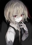  1girl bangs black_background black_vest blood dark_background eyebrows_behind_hair hair_between_eyes hair_over_eyes hasunokaeru highres long_sleeves looking_at_viewer red_eyes rumia shirt short_hair simple_background solo touhou upper_body vest white_shirt wing_collar 