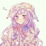  1girl :&lt; bangs blue_bow blush bow capelet crescent dress grey_background hair_bow hair_ornament hat hayu_(hayu_e) highres long_hair looking_at_viewer mob_cap patchouli_knowledge purple_hair ribbon simple_background solo touhou upper_body violet_eyes 
