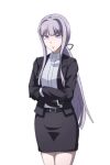  black_gloves black_skirt collared_shirt crossed_arms danganronpa_(series) danganronpa_3_(anime) gloves highres jacket kakikorori kirigiri_kyouko long_hair pencil_skirt ponytail purple_hair serious shirt sidelocks skirt v-shaped_eyebrows violet_eyes white_shirt 