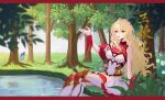  1girl absurdres alternate_hair_color asymmetrical_sleeves blonde_hair bug butterfly douluo_dalu dress forest grass hand_up highres lake long_hair nature red_eyes sitting skirt solo thigh-highs tree upper_body wang_qiu_er_(douluo_dalu) water wuqing_tuzhong 