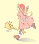  1girl :d bangs blonde_hair boots brown_footwear buttons coat commentary_request eyebrows_visible_through_hair flower grey_mittens grey_pants hat hat_flower hatted_pokemon highres leg_up long_hair long_sleeves open_mouth pants pikachu pink_coat pink_flower pink_headwear pokemon pokemon_(creature) pokemon_adventures sannomushi smile standing standing_on_one_leg yellow_(pokemon) 