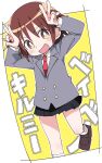 1girl black_skirt brown_eyes brown_hair copyright_request double_v formal hands_up ixy looking_at_viewer necktie red_necktie school_uniform short_hair skirt solo suit two-tone_background v white_background yellow_background 