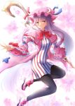  1girl black_legwear blue_bow blush bow breasts crescent dress hair_bow hat long_hair long_sleeves looking_at_viewer mob_cap pantyhose patchouli_knowledge purple_hair ram_hachimin red_bow red_ribbon ribbon solo striped touhou very_long_hair violet_eyes 