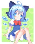  1girl ahoge bangs barefoot blue_bow blue_dress blue_eyes blue_hair border bow bowtie breasts cirno closed_mouth collared_shirt commentary_request dress eyebrows_visible_through_hair green_background hair_between_eyes ice ice_wings looking_at_viewer medium_breasts outside_border puffy_short_sleeves puffy_sleeves red_bow red_bowtie shirt short_hair short_sleeves sitting smile solo sparkle star_(symbol) touhou tsuri_buta white_border white_shirt wings 