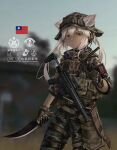  1girl animal_ears assault_rifle bangs blurry blurry_background boonie_hat bulletproof_vest camouflage camouflage_headwear camouflage_jacket camouflage_pants chinese_commentary chinese_text commentary_request cowboy_shot ears_through_headwear fang_zhenjun gloves gun holding holding_knife jacket knife long_hair military orange_eyes original pants photo_background republic_of_china_flag rifle soldier solo tactical_clothes taiwan translation_request twintails weapon white_hair 