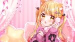  1girl animal_ear_fluff animal_ears bangs blonde_hair blush bow cat_ears eyebrows_visible_through_hair fang frilled_pillow frills hair_ornament highres holding holding_phone hololive indoors kemonomimi_mode kuzumochi long_hair open_mouth phone pillow pink_background pink_sweater red_nails ribbon skin_fang sleeves_past_wrists solo striped striped_background sweater twintails upper_body virtual_youtuber yellow_eyes yozora_mel 