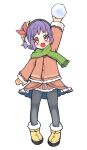 1girl :d arm_up black_legwear blush boots coat earmuffs full_body fur_trim happy looking_at_viewer open_mouth pantyhose purple_hair red_eyes scarf short_hair simple_background smile snowball solo standing tatuhiro touhou white_background winter_clothes yasaka_kanako younger