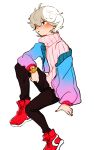  1boy alternate_costume bangs bede_(pokemon) black_pants blue_jacket blush closed_mouth commentary_request curly_hair from_side gutchi_(ggg1234714) highres jacket leg_up long_sleeves male_focus nail_polish off_shoulder pants pink_sweater pokemon pokemon_(game) pokemon_swsh red_footwear shoes short_hair sneakers solo sweater turtleneck turtleneck_sweater violet_eyes watch watch white_hair 