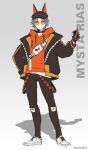  1boy absurdres animal_ear_headwear black_pants blue_eyes brown_sweater cellphone character_name collar fanny_pack fox_hat full_body glasses highres holding holding_phone hood hoodie lantern_earrings long_sleeves looking_to_the_side mysta_rias nijisanji nijisanji_en orange_eyewear orange_hoodie pants papercider phone shirt shoes short_hair smartphone smile solo sweater virtual_youtuber white_background white_footwear white_shirt 