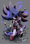  2boys artist_name aura black_fur blood blood_on_clothes breaking dark_sonic floating floating_hair floating_object gareki_sh gauntlets gloves injury lifting lifting_person looking_at_viewer male_focus multicolored_fur multiple_boys purple_fur red_fur shadow_the_hedgehog shoes signature sonic_(series) sonic_the_hedgehog spiky_hair 