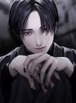  1boy black_hair black_nails blurry blurry_background closed_mouth hands_up highres lips looking_at_viewer male_focus mole mole_under_eye nose original own_hands_together red_eyes short_hair solo tsunko_(9v2_q) upper_body 
