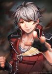  1boy bangs black_gloves blurry blurry_background borrowed_character commission fingerless_gloves gloves grey_hair hands_up jacket jewelry long_sleeves looking_at_viewer male_focus necklace orange_eyes original raze_(kirostyle) red_jacket shadow short_hair smile solo web_address yammster 