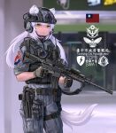  1girl animal_ear_fluff animal_ears assault_rifle blurry blurry_background bulletproof_vest chinese_commentary chinese_text commentary_request cowboy_shot ears_through_headwear fang_zhenjun grey_headwear grey_jacket grey_pants gun handgun headphones helmet holster holstered_weapon jacket long_hair microphone military military_helmet original pants photo_background pistol police republic_of_china_flag rifle sleeves_rolled_up slit_pupils soldier swat tactical_clothes translation_request twintails weapon weapon_request white_hair white_tail yellow_eyes 