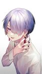  1boy bangs black_nails earrings genzuki_toujirou hair_over_one_eye hand_up highres jewelry long_sleeves looking_at_viewer male_focus nijisanji one_eye_covered open_mouth pi_pa purple_hair shirt smile solo violet_eyes virtual_youtuber white_shirt 