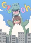  1girl :d absurdres blush blush_stickers brown_hair bural_chingu city commentary dinosaur_costume drooling green_eyes ham_na-bi highres korean_commentary luke_(dydansgur) open_mouth revision smile solo 