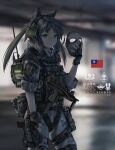  1girl animal_ears bangs blurry blurry_background bulletproof_vest camouflage camouflage_jacket camouflage_pants chinese_commentary chinese_text commentary_request cowboy_shot fang_zhenjun flashbang gloves green_eyes grey_gloves grey_hair gun handgun harness headphones holding holding_mask holster holstered_weapon jacket long_hair looking_at_viewer mask mask_removed microphone military original pants photo_background pistol republic_of_china_flag sleeves_rolled_up smoke_grenade soldier solo standing submachine_gun tactical_clothes taiwan thigh_holster translation_request two_side_up weapon weapon_request 